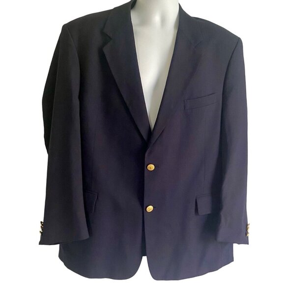 Navy Blazer Sport Coat Single Breasted Fully Lined Gold 2 Button Size 44R - Picture 2 of 8
